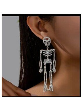 Sparkly Skeleton Halloween Earrings – Rhinestone Skull Dangle Jewelry for Women